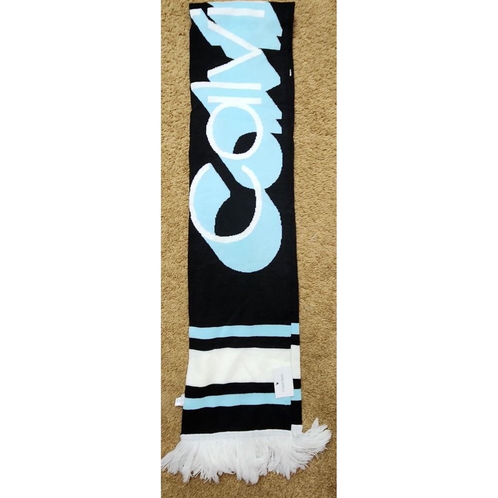 Calvin Klein Men's Blue Black White Logo‎ Soell Out Fringe Thick Scarf 9" X 74"